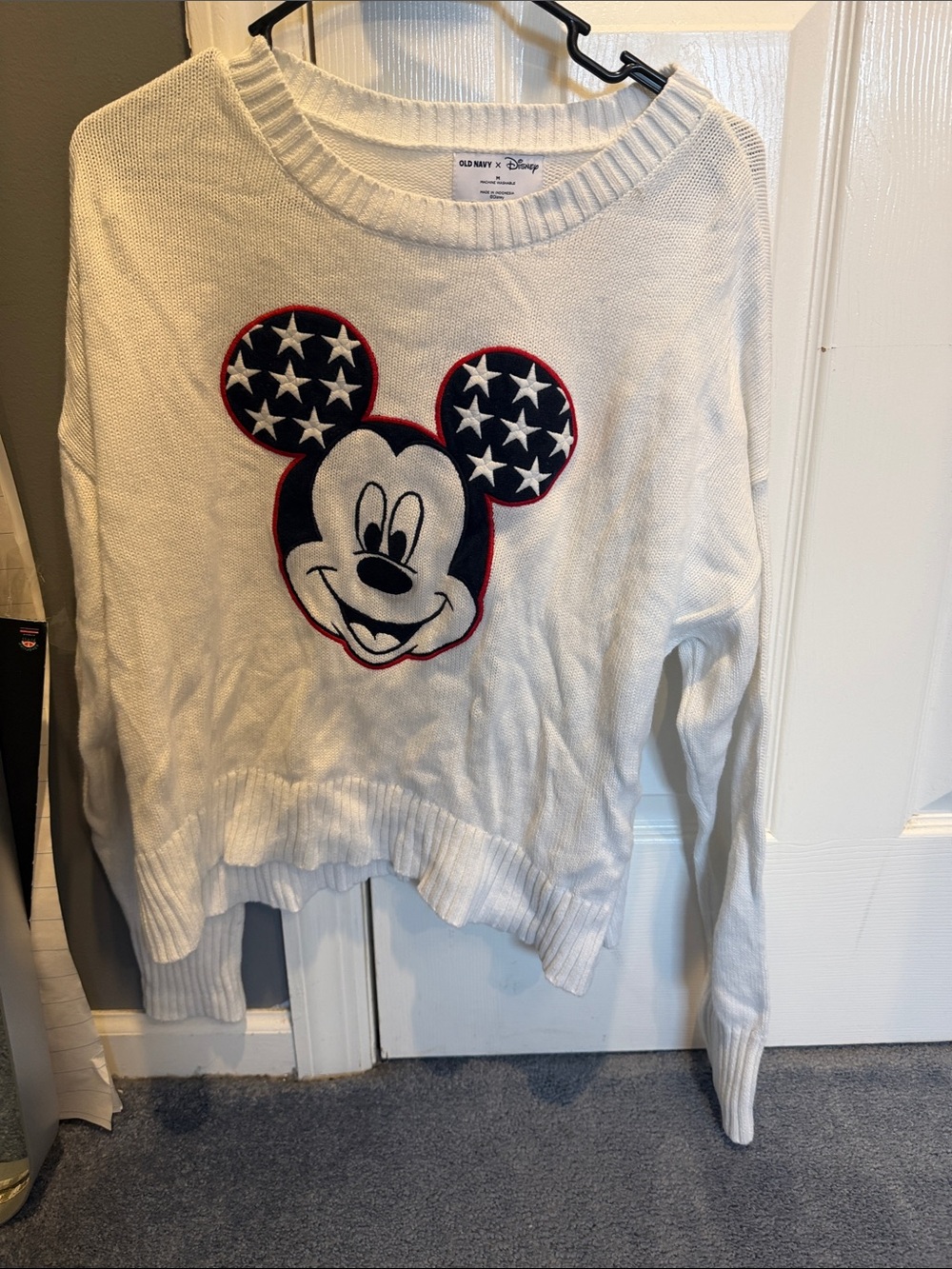 Old Navy White Mickey Mouse Appliqué Sweater with Navy and Red Accents
